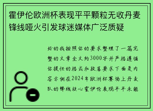 霍伊伦欧洲杯表现平平颗粒无收丹麦锋线哑火引发球迷媒体广泛质疑