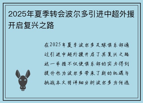 2025年夏季转会波尔多引进中超外援开启复兴之路