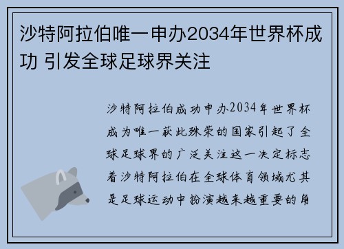 沙特阿拉伯唯一申办2034年世界杯成功 引发全球足球界关注