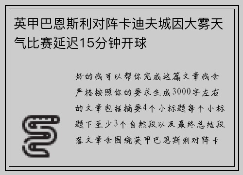 英甲巴恩斯利对阵卡迪夫城因大雾天气比赛延迟15分钟开球